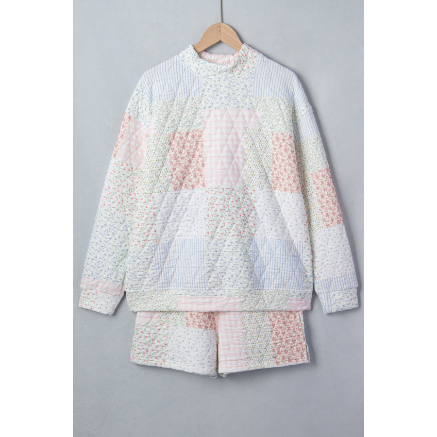 Multicolour Floral Quilted Mock Neck Top and Short Set Two Piece Sets/Short Sets