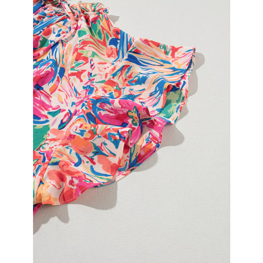 Multicolour Floral Ruffled Sleeve V Neck Summer Blouse Apparel and Accessories