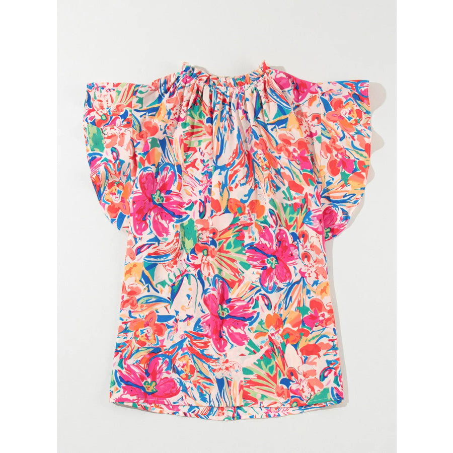 Multicolour Floral Ruffled Sleeve V Neck Summer Blouse Apparel and Accessories