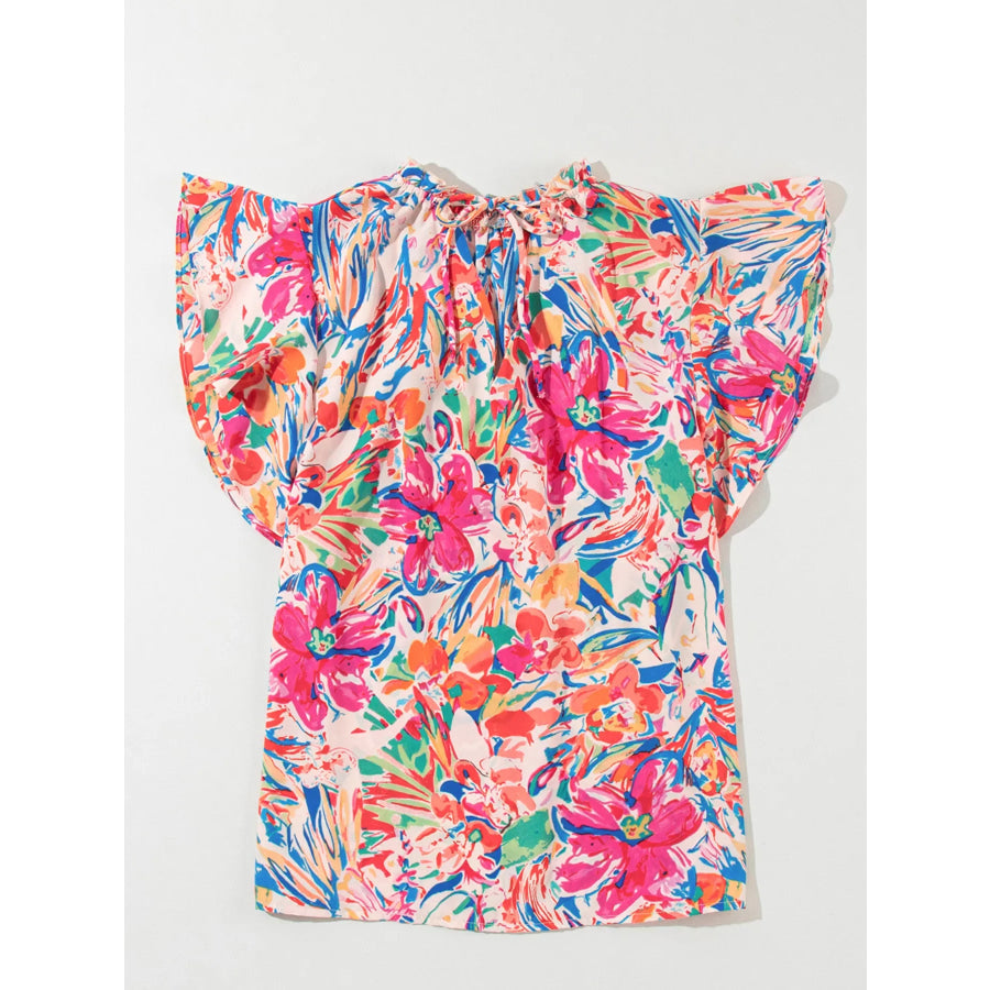 Multicolour Floral Ruffled Sleeve V Neck Summer Blouse Apparel and Accessories