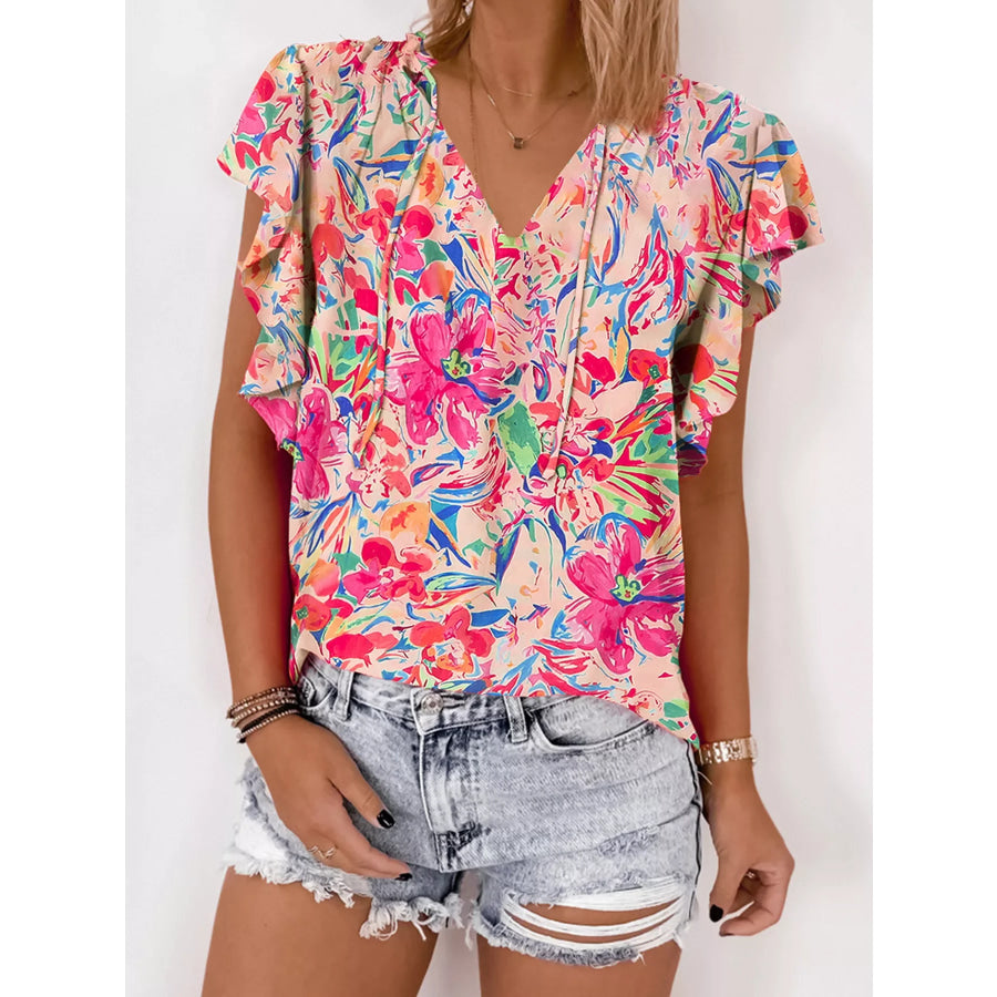 Multicolour Floral Ruffled Sleeve V Neck Summer Blouse Blush Pink / S Apparel and Accessories