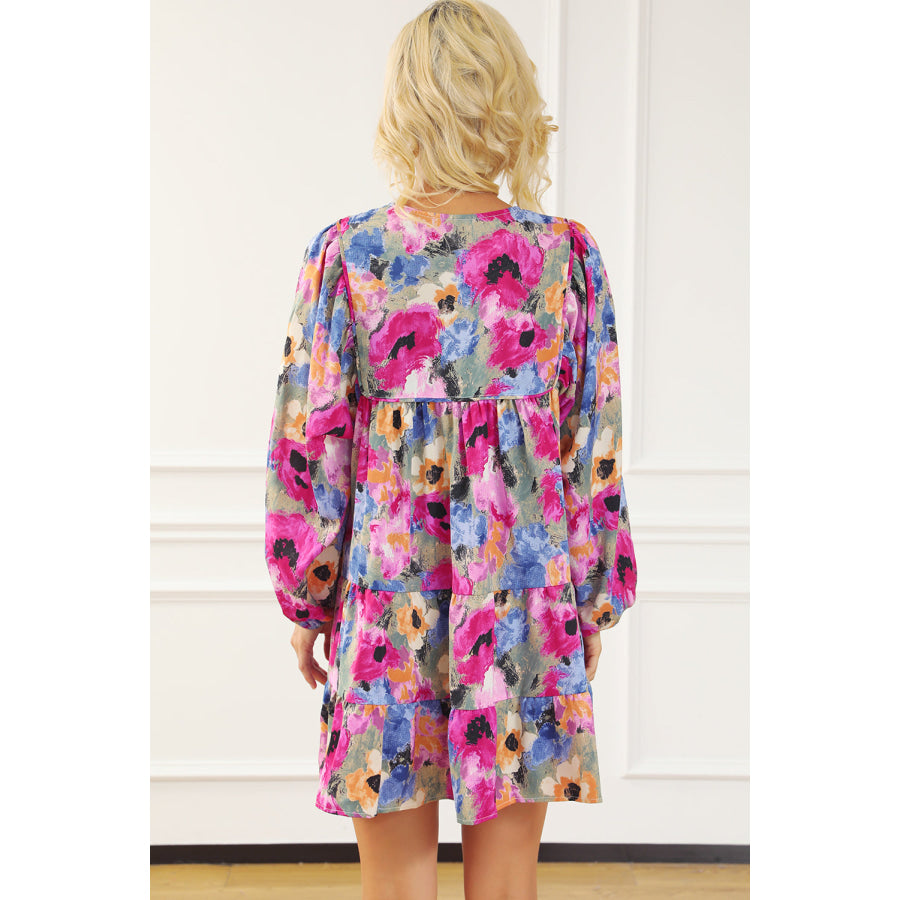 Multicolour Floral Tie Neck Bubble Sleeve Shift Dress Multicolour / S / 100% Polyester Dresses/Floral Dresses