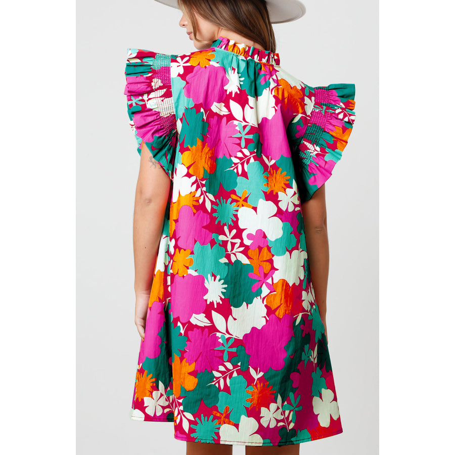 Multicolour Floral Tie Split Neck Flutter Sleeve Mini Dress Multicolour / S / 100% Polyester Dresses/Floral Dresses