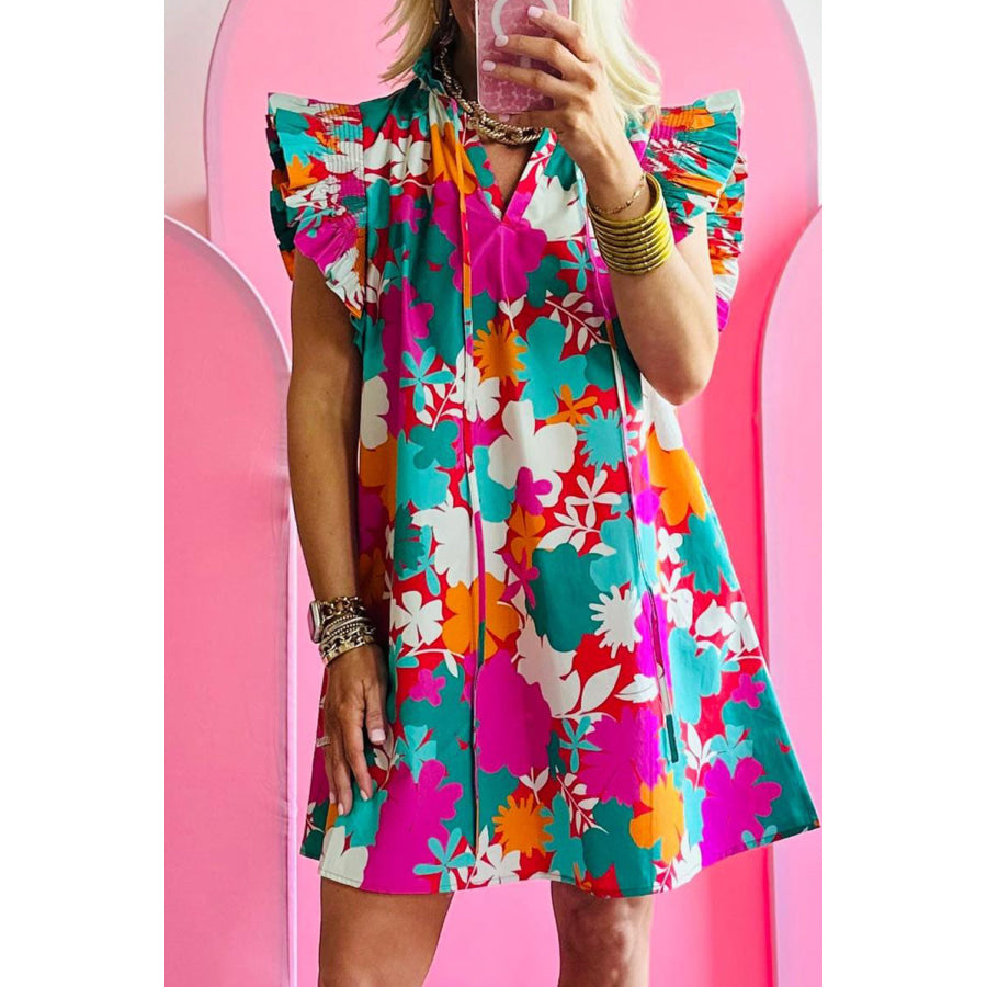 Multicolour Floral Tie Split Neck Flutter Sleeve Mini Dress Multicolour / S / 100% Polyester Dresses/Floral Dresses