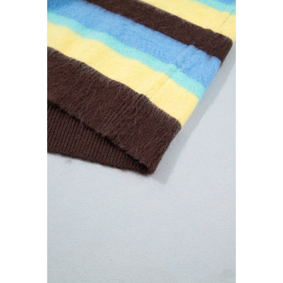 Multicolour Fuzzy Striped Knit Round Neck Casual Shift Sweater Sweaters & Cardigans/Sweaters