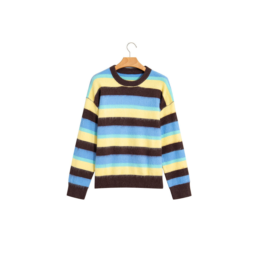 Multicolour Fuzzy Striped Knit Round Neck Casual Shift Sweater Sweaters & Cardigans/Sweaters