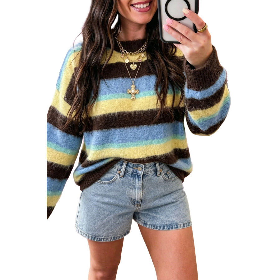 Multicolour Fuzzy Striped Knit Round Neck Casual Shift Sweater Sweaters & Cardigans/Sweaters