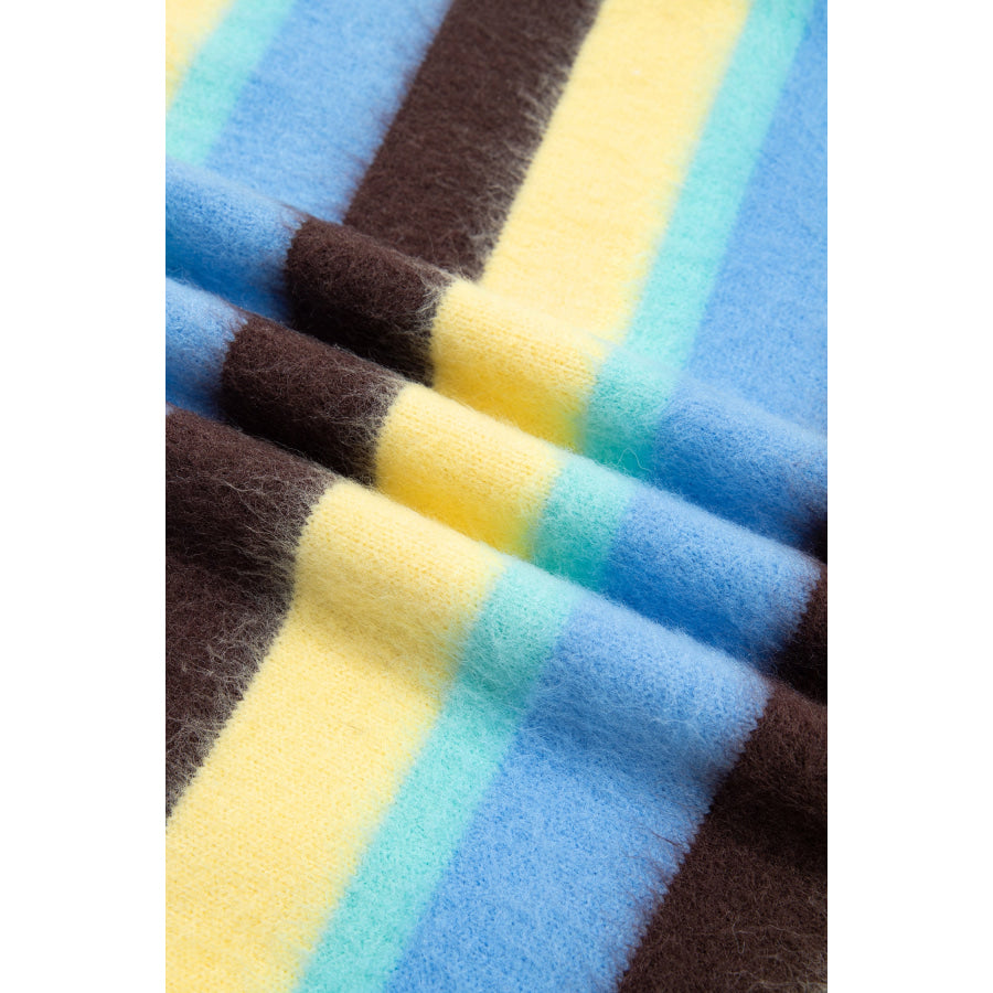 Multicolour Fuzzy Striped Knit Round Neck Casual Shift Sweater Sweaters & Cardigans/Sweaters
