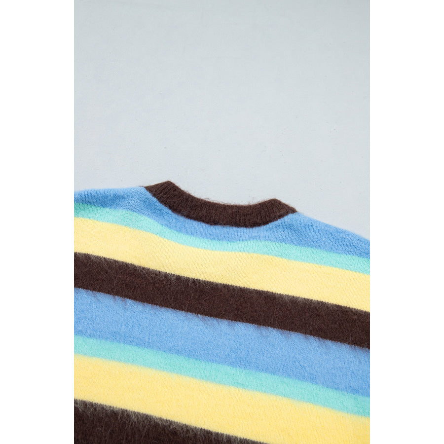 Multicolour Fuzzy Striped Knit Round Neck Casual Shift Sweater Sweaters & Cardigans/Sweaters