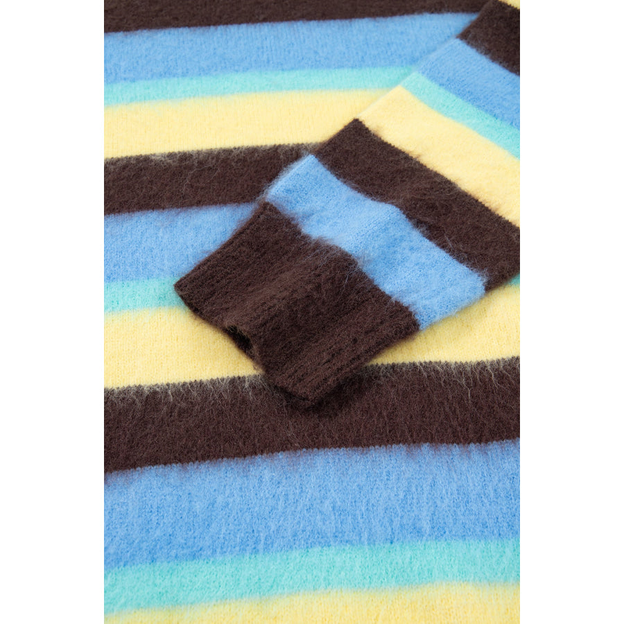 Multicolour Fuzzy Striped Knit Round Neck Casual Shift Sweater Sweaters & Cardigans/Sweaters