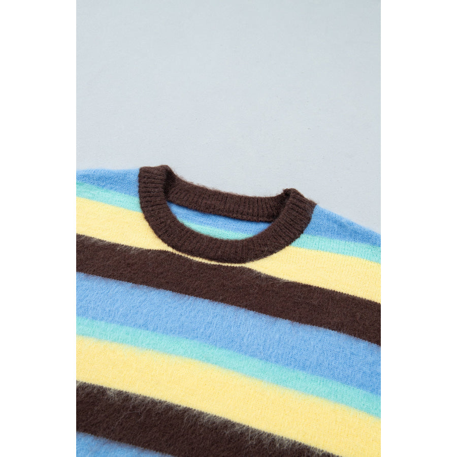 Multicolour Fuzzy Striped Knit Round Neck Casual Shift Sweater Sweaters & Cardigans/Sweaters