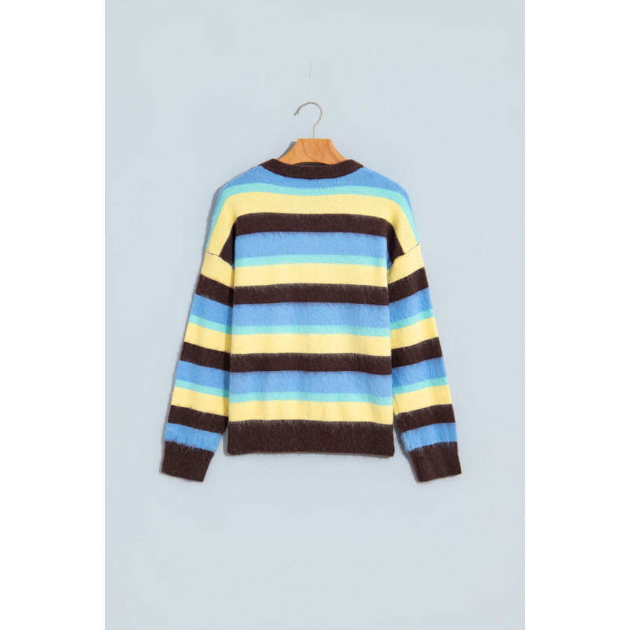 Multicolour Fuzzy Striped Knit Round Neck Casual Shift Sweater Sweaters & Cardigans/Sweaters