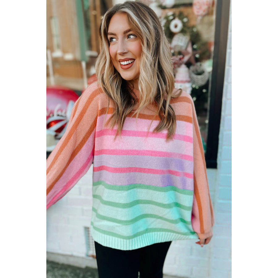 Multicolour Gradient Striped Ribbed Edge Loose Sweater Sweaters & Cardigans/Sweaters