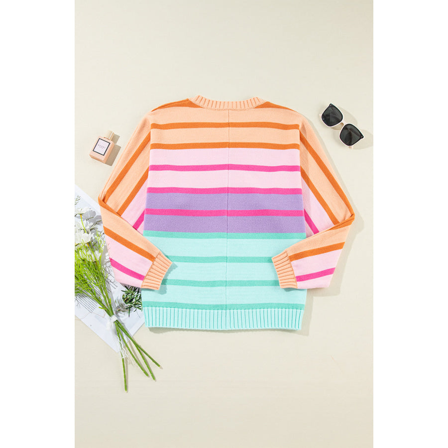 Multicolour Gradient Striped Ribbed Edge Loose Sweater Sweaters & Cardigans/Sweaters