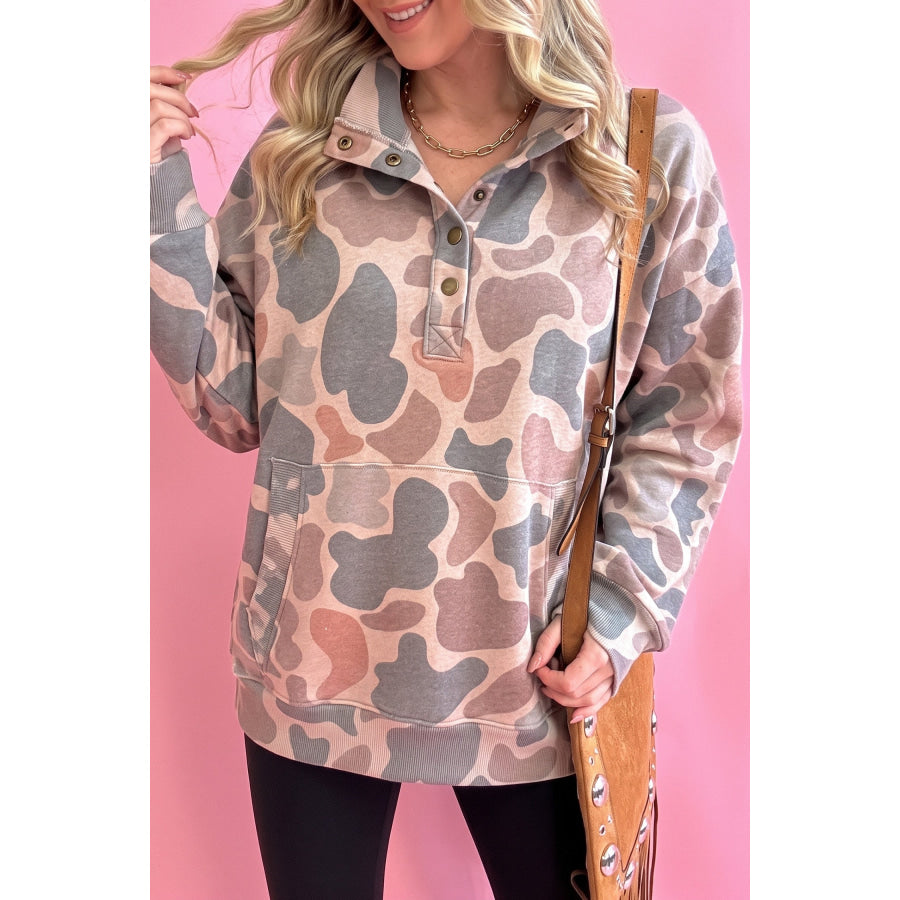 Multicolour Half Button Camouflage Stand Neck Pullover Sweatshirt / S Tops/Sweatshirts & Hoodies