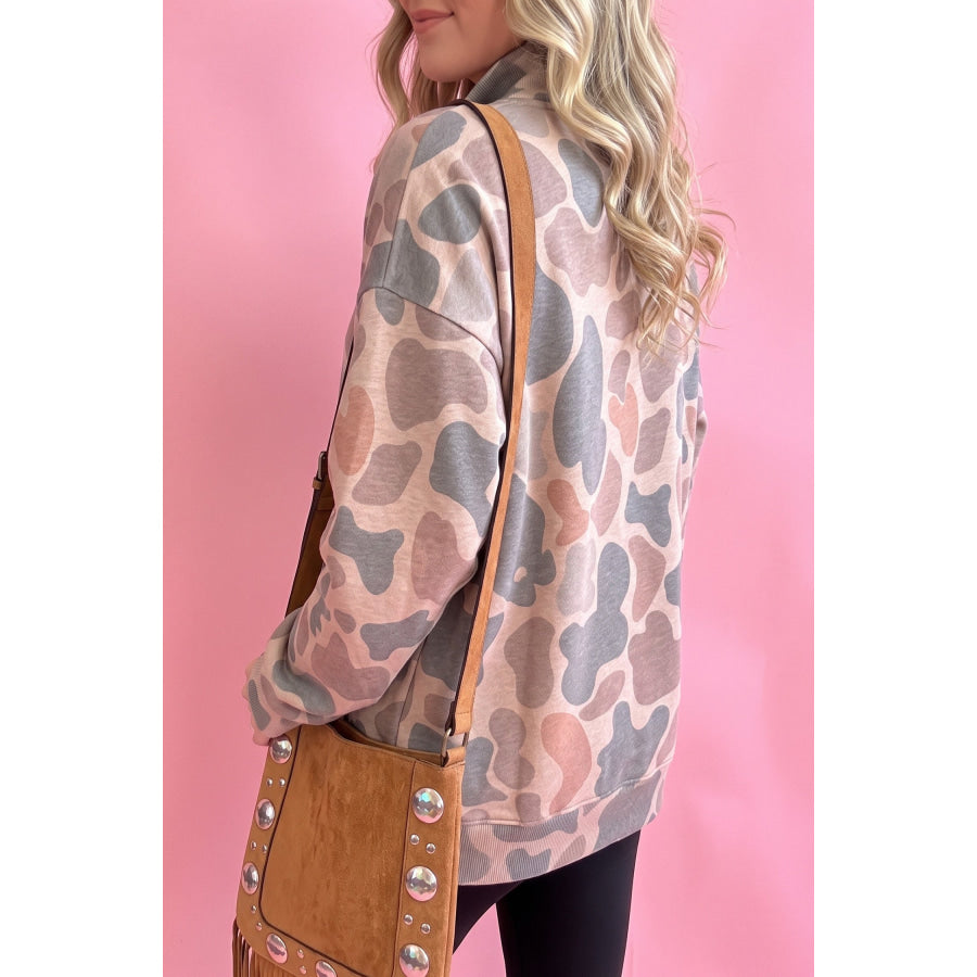 Multicolour Half Button Camouflage Stand Neck Pullover Sweatshirt Tops/Sweatshirts & Hoodies