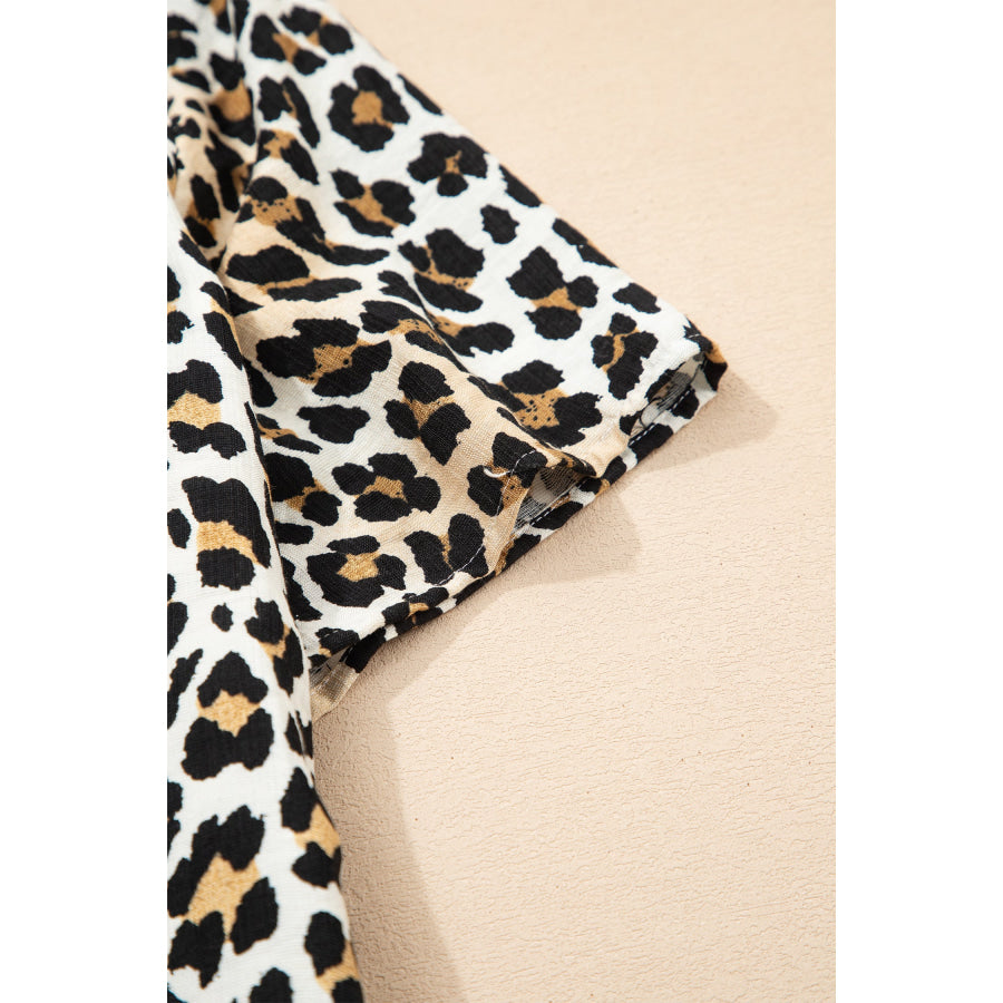 Multicolour Half Buttons Short Sleeve Loose Leopard Mini Dress with Pockets Dresses/Mini Dresses