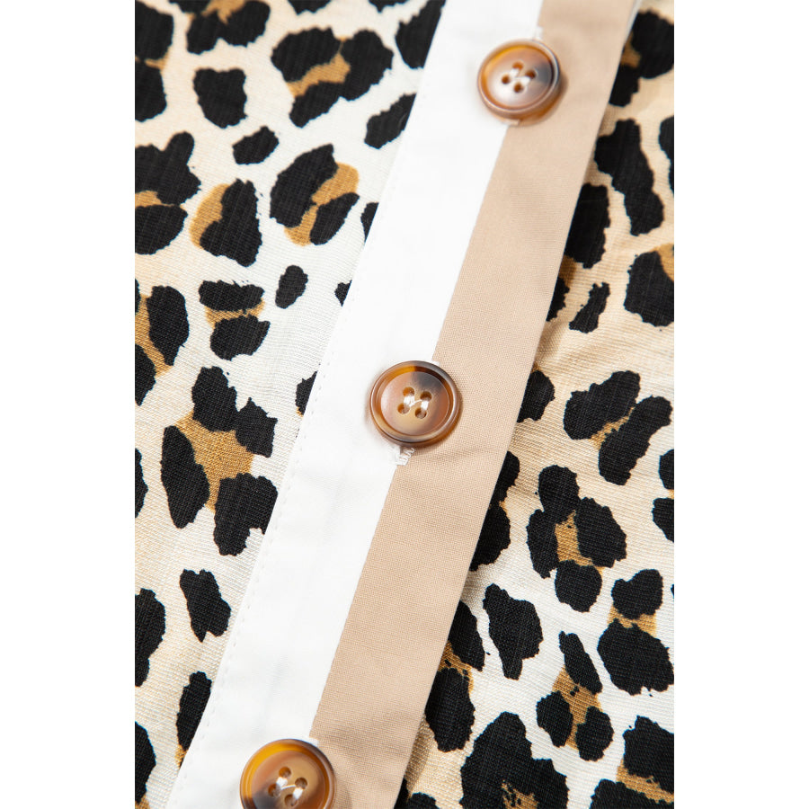 Multicolour Half Buttons Short Sleeve Loose Leopard Mini Dress with Pockets Dresses/Mini Dresses