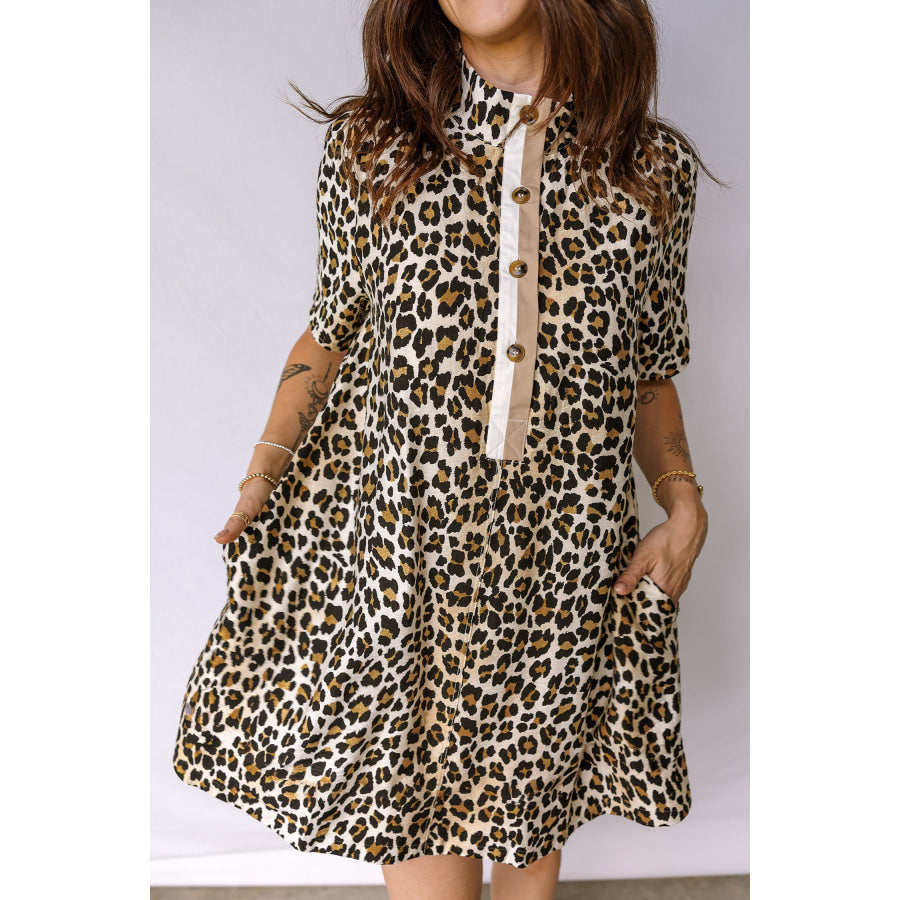 Multicolour Half Buttons Short Sleeve Loose Leopard Mini Dress with Pockets Dresses/Mini Dresses