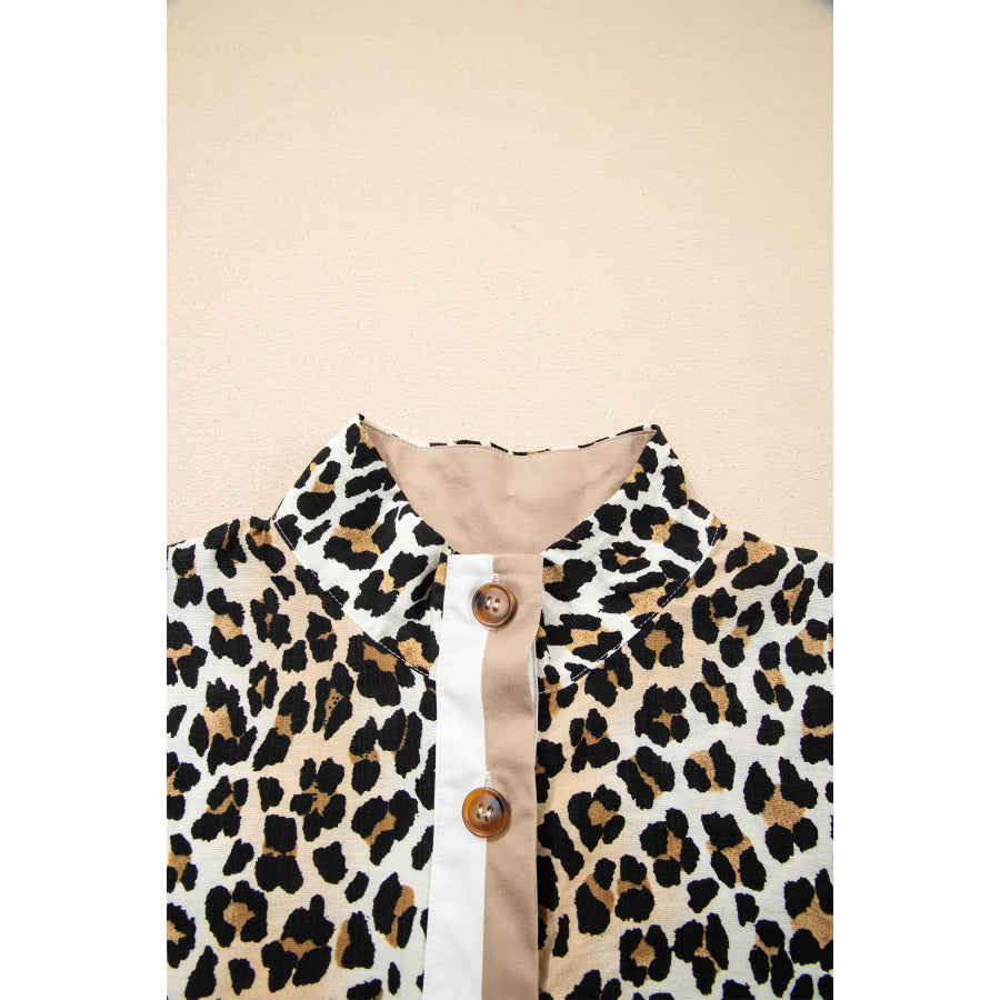 Multicolour Half Buttons Short Sleeve Loose Leopard Mini Dress with Pockets Dresses/Mini Dresses