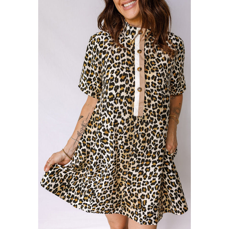 Multicolour Half Buttons Short Sleeve Loose Leopard Mini Dress with Pockets Dresses/Mini Dresses