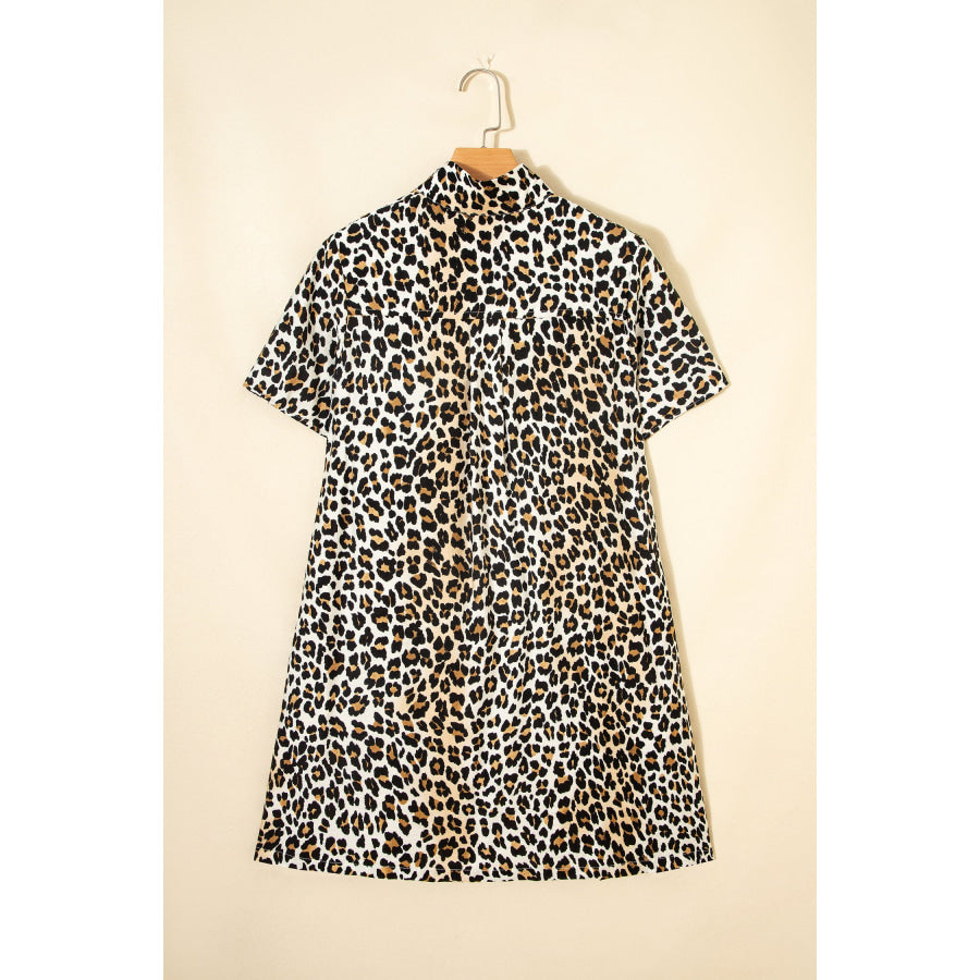 Multicolour Half Buttons Short Sleeve Loose Leopard Mini Dress with Pockets Dresses/Mini Dresses