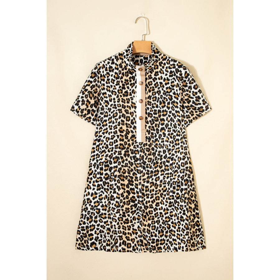 Multicolour Half Buttons Short Sleeve Loose Leopard Mini Dress with Pockets Dresses/Mini Dresses