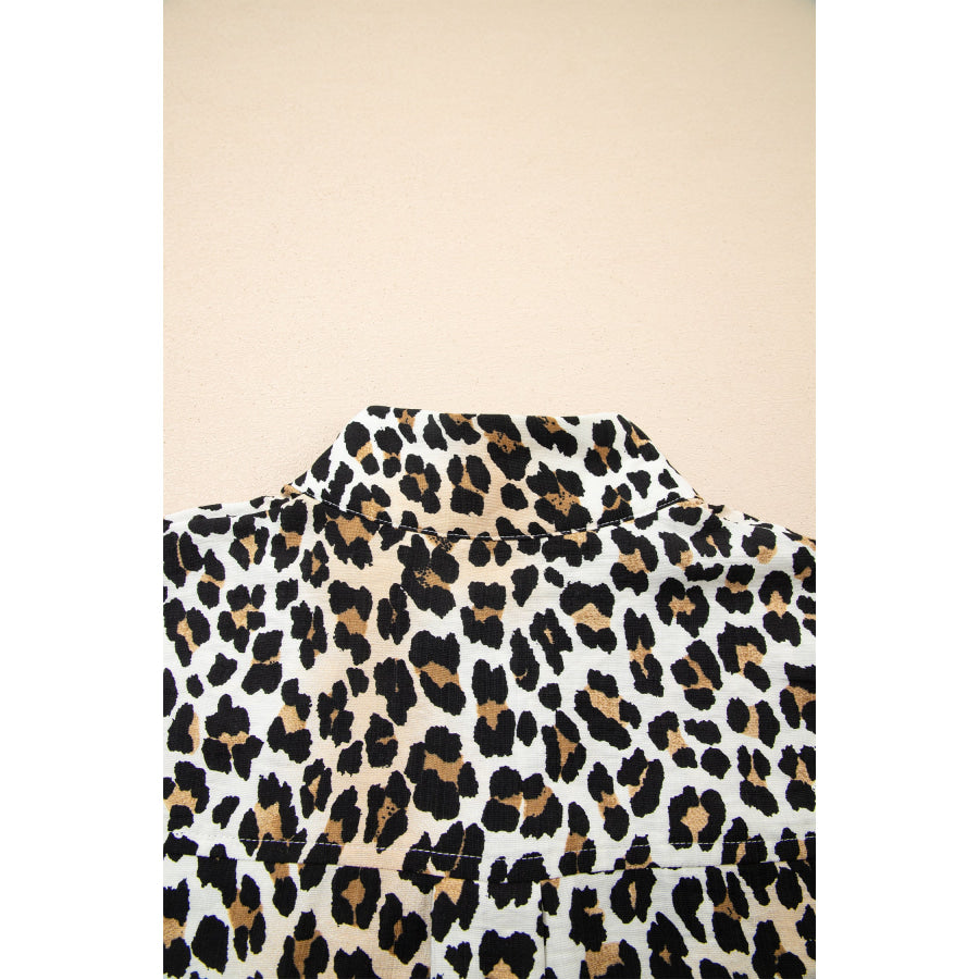 Multicolour Half Buttons Short Sleeve Loose Leopard Mini Dress with Pockets Dresses/Mini Dresses