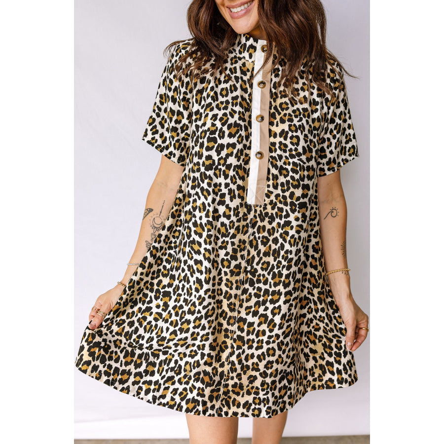 Multicolour Half Buttons Short Sleeve Loose Leopard Mini Dress with Pockets Multicolour / S / 91% Viscose + 9% Polyamide Dresses/Mini