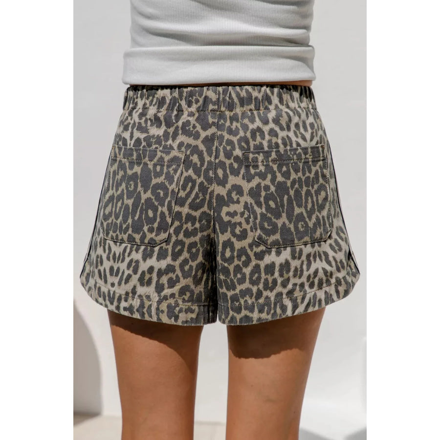 Multicolour Leopard Pattern Striped Detail Drawstring Denim Shorts Leopard / 4 Apparel and Accessories