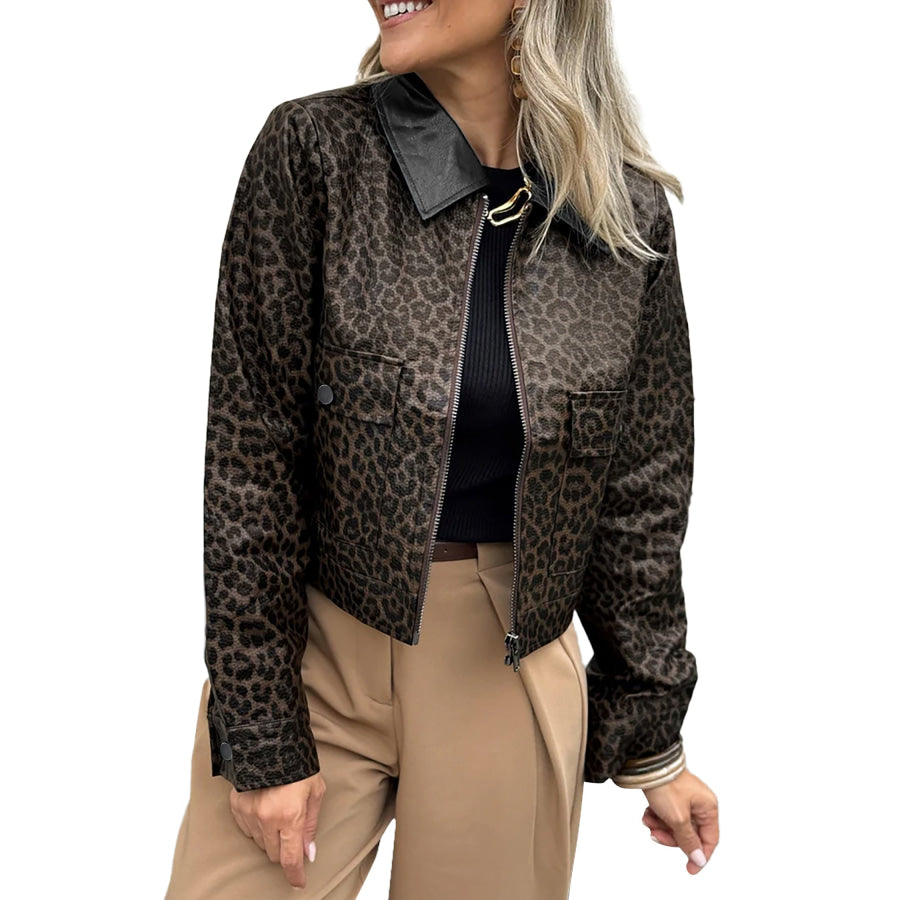 Multicolour Leopard Print Colorblock Collar Metal Placket Jacket Outerwear/Jackets