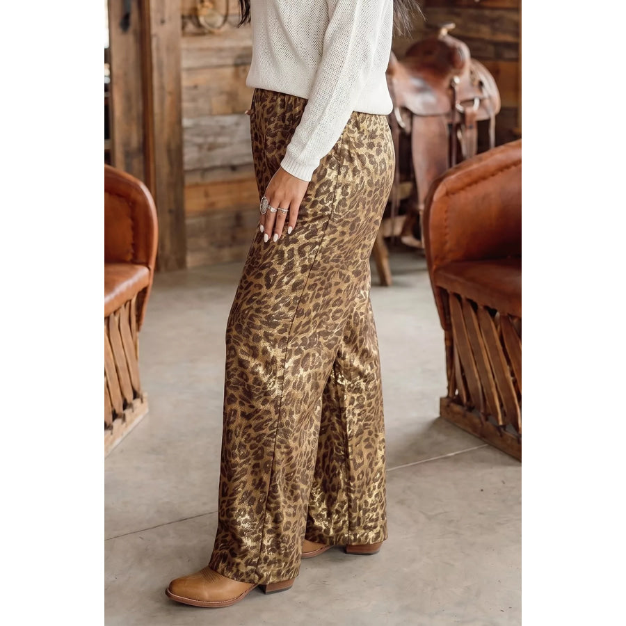 Multicolour Leopard Print Western Style Wide Leg Full Length Pants Apparel and Accessories