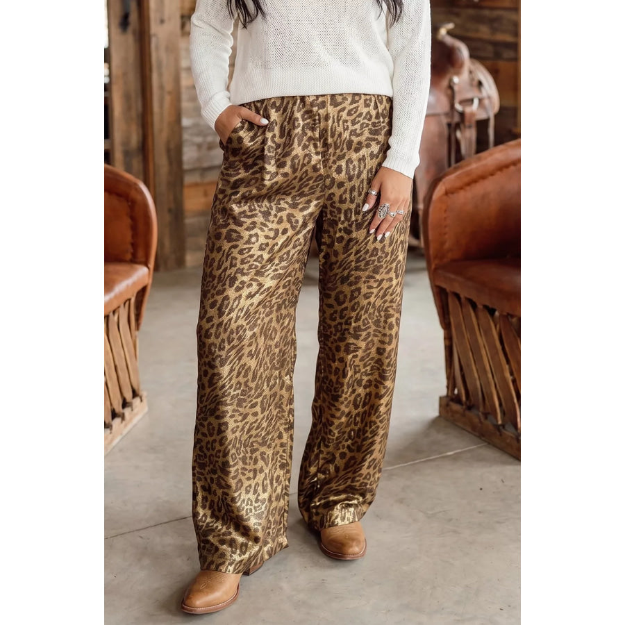 Multicolour Leopard Print Western Style Wide Leg Full Length Pants Apparel and Accessories