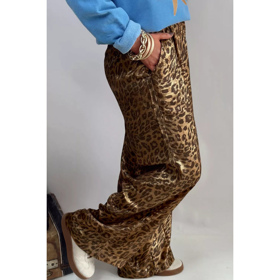 Multicolour Leopard Print Western Style Wide Leg Full Length Pants Apparel and Accessories