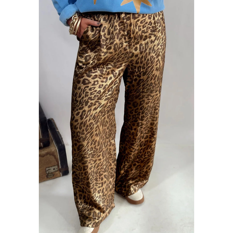 Multicolour Leopard Print Western Style Wide Leg Full Length Pants Leopard / S Apparel and Accessories