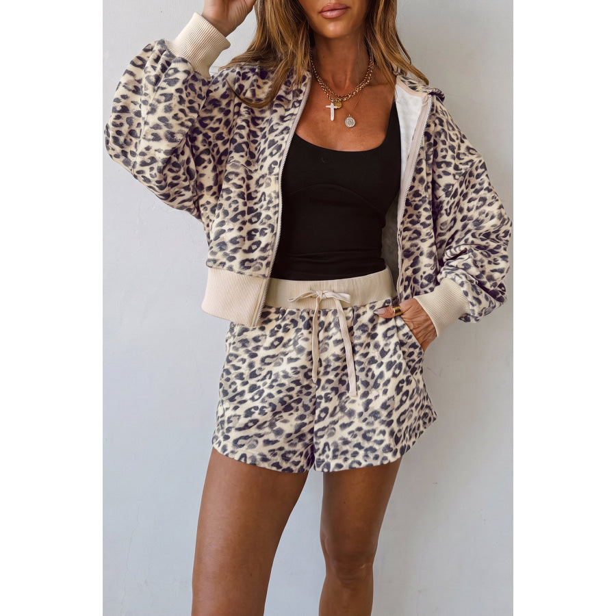 Multicolour Leopard Zip-Up Hooded Drawstring Pant Set Multicolour / S Two Piece Sets/Short Sets