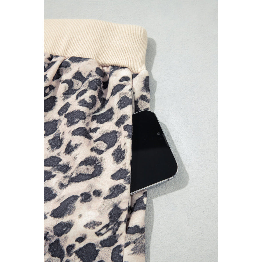 Multicolour Leopard Zip-Up Hooded Drawstring Pant Set Two Piece Sets/Short Sets