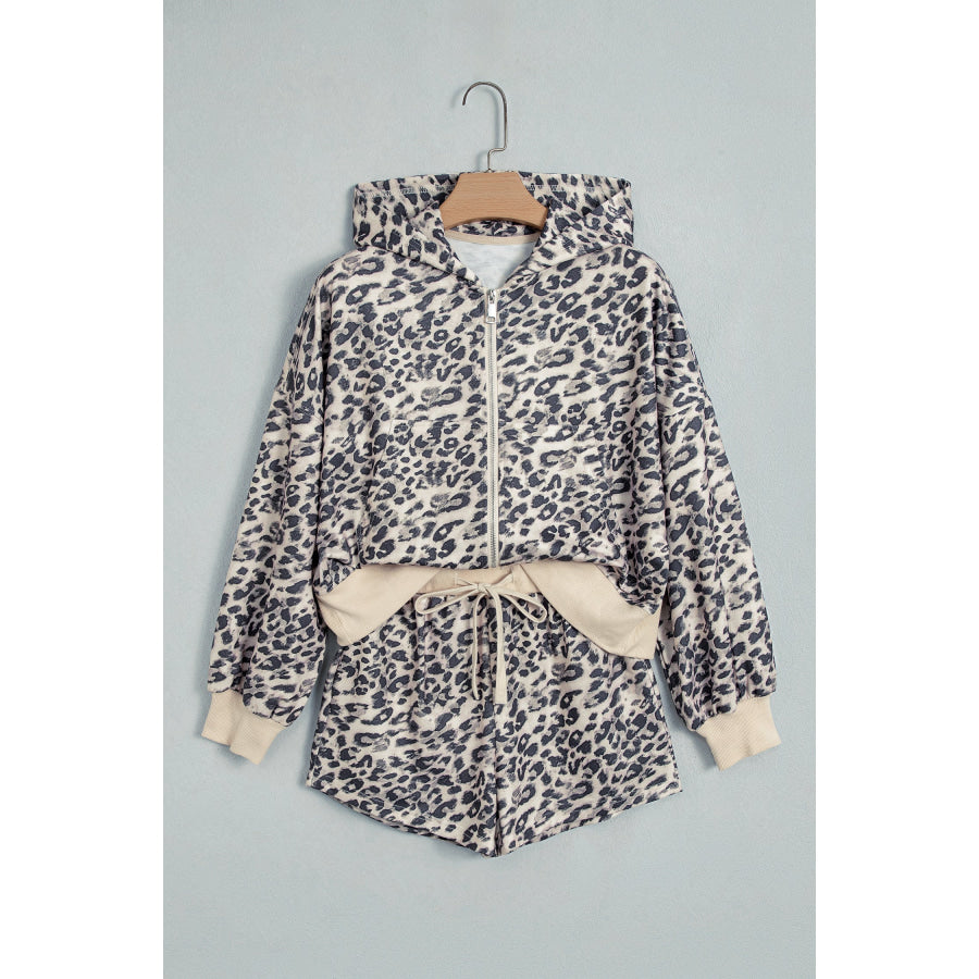Multicolour Leopard Zip-Up Hooded Drawstring Pant Set Two Piece Sets/Short Sets