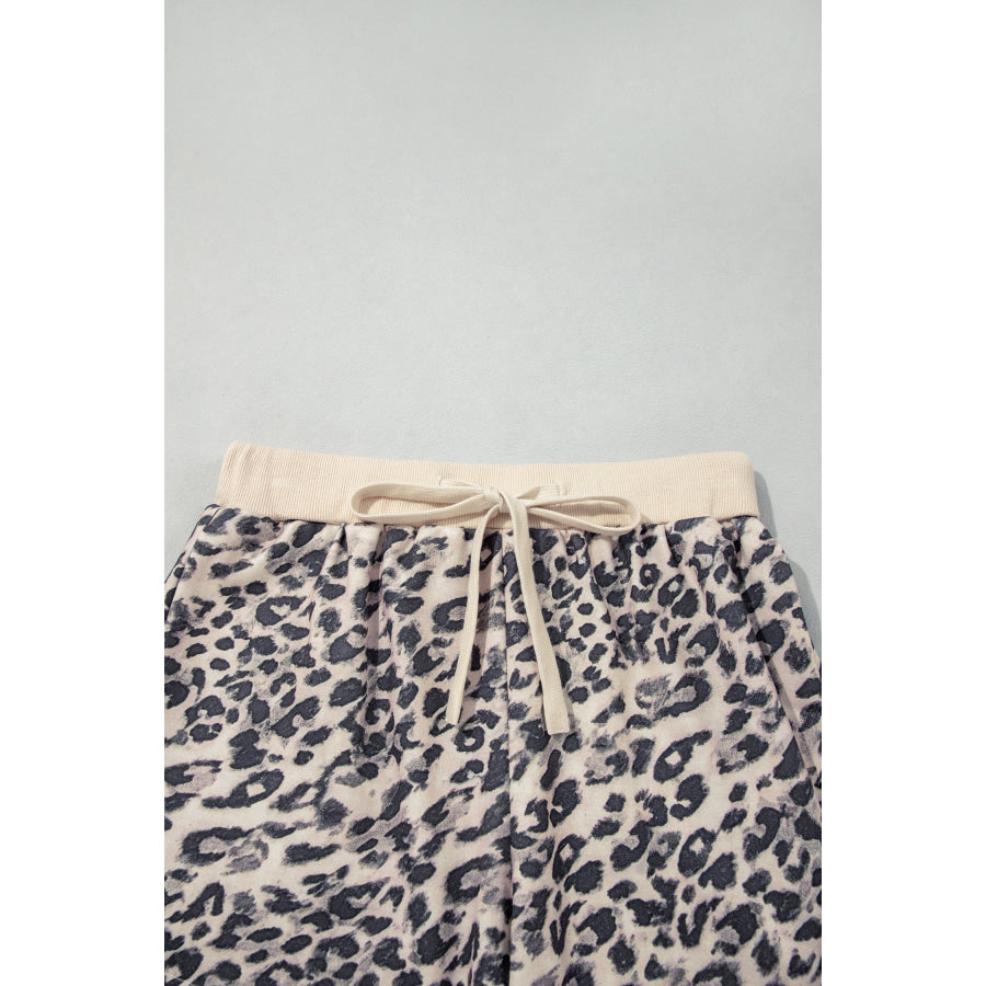 Multicolour Leopard Zip-Up Hooded Drawstring Pant Set Two Piece Sets/Short Sets