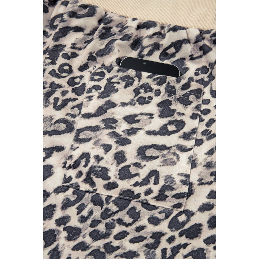 Multicolour Leopard Zip-Up Hooded Drawstring Pant Set Two Piece Sets/Short Sets