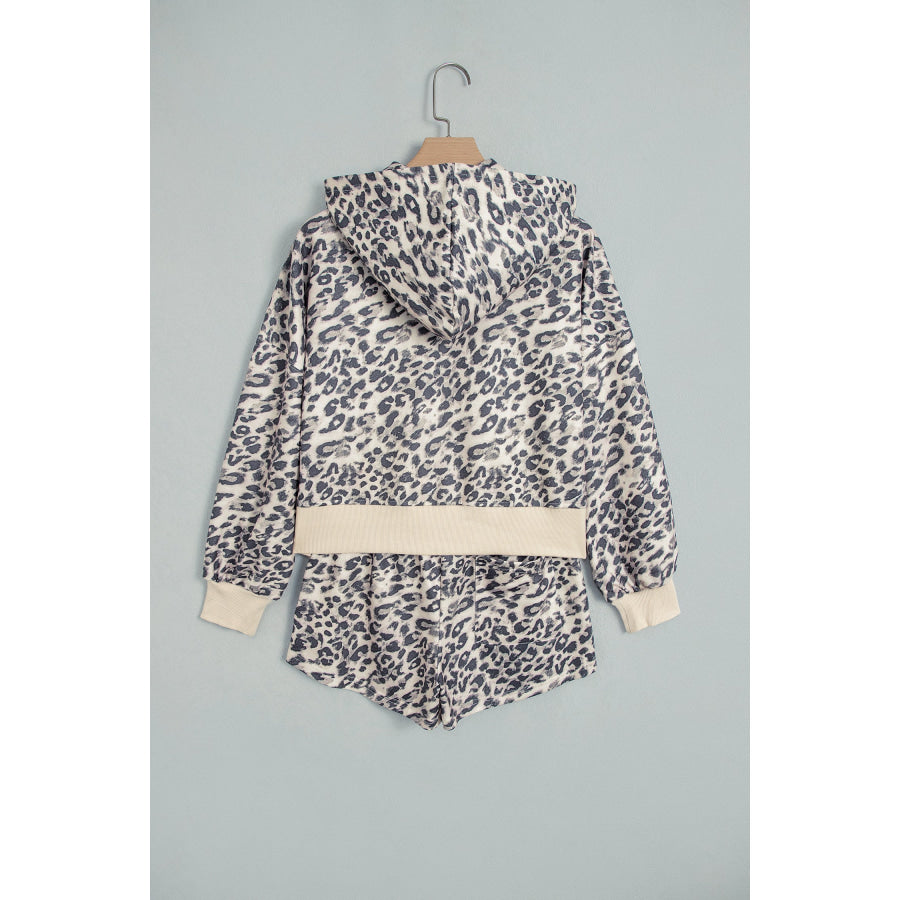 Multicolour Leopard Zip-Up Hooded Drawstring Pant Set Two Piece Sets/Short Sets