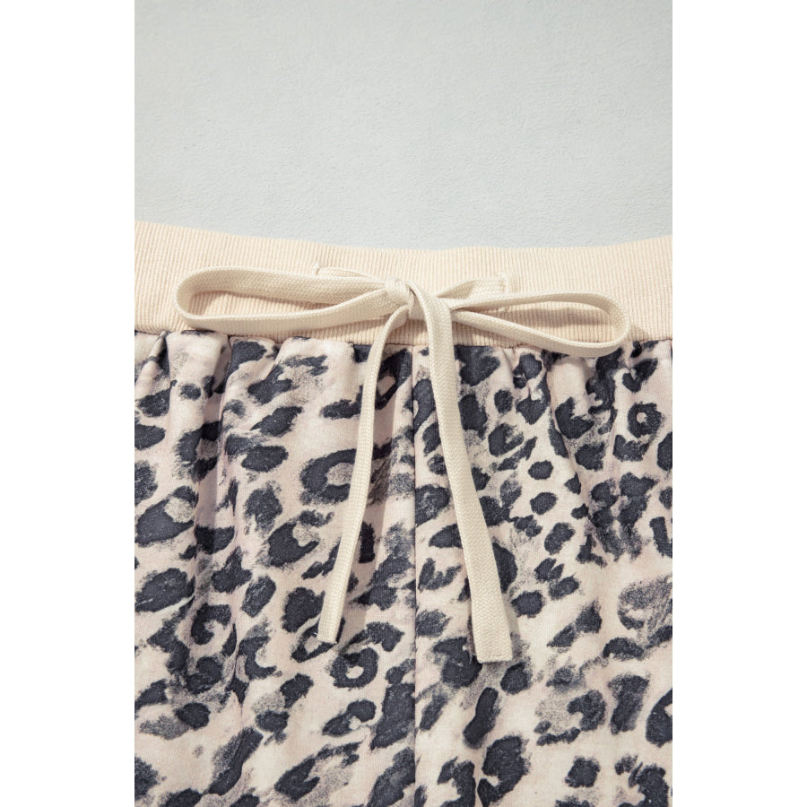 Multicolour Leopard Zip-Up Hooded Drawstring Pant Set Two Piece Sets/Short Sets