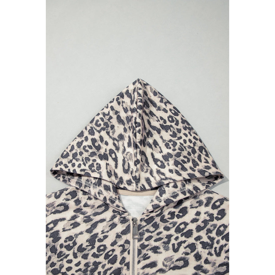 Multicolour Leopard Zip-Up Hooded Drawstring Pant Set Two Piece Sets/Short Sets