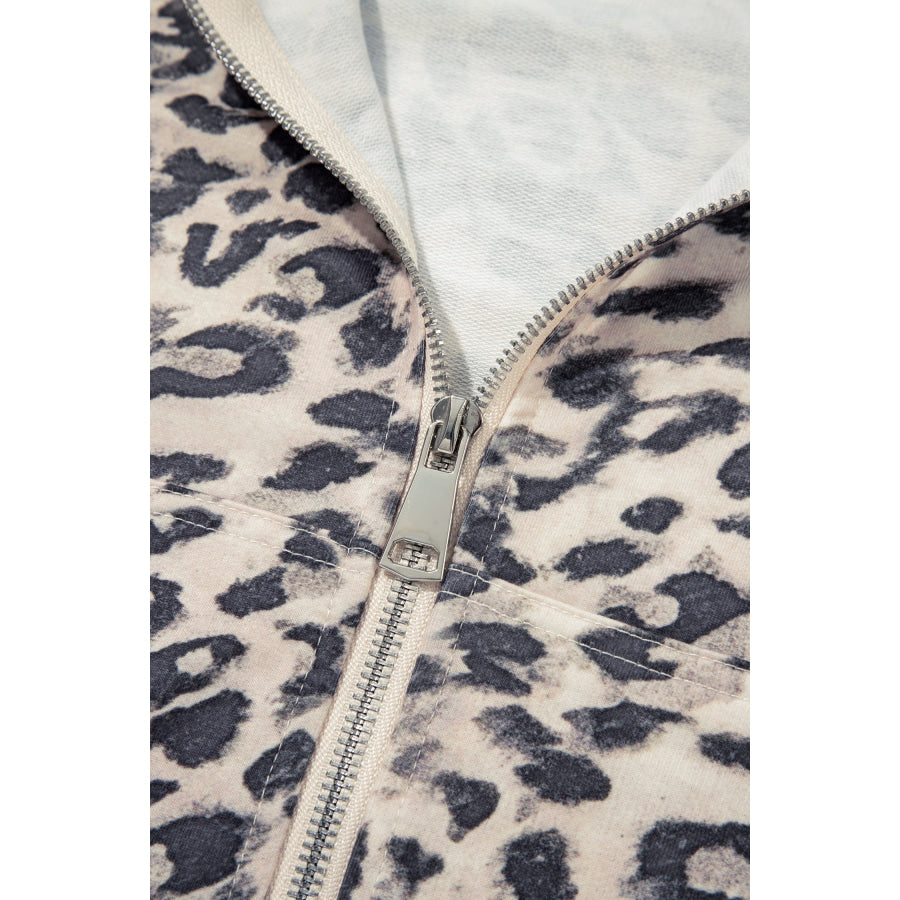 Multicolour Leopard Zip-Up Hooded Drawstring Pant Set Two Piece Sets/Short Sets