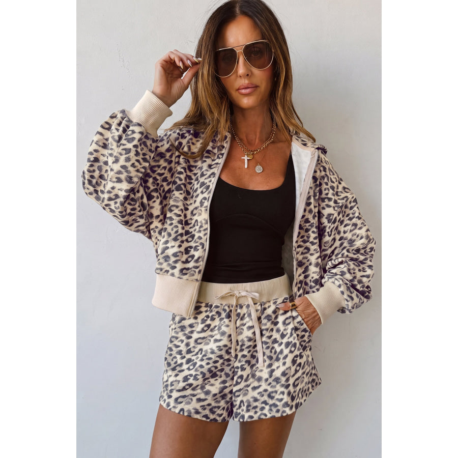 Multicolour Leopard Zip-Up Hooded Drawstring Pant Set Two Piece Sets/Short Sets