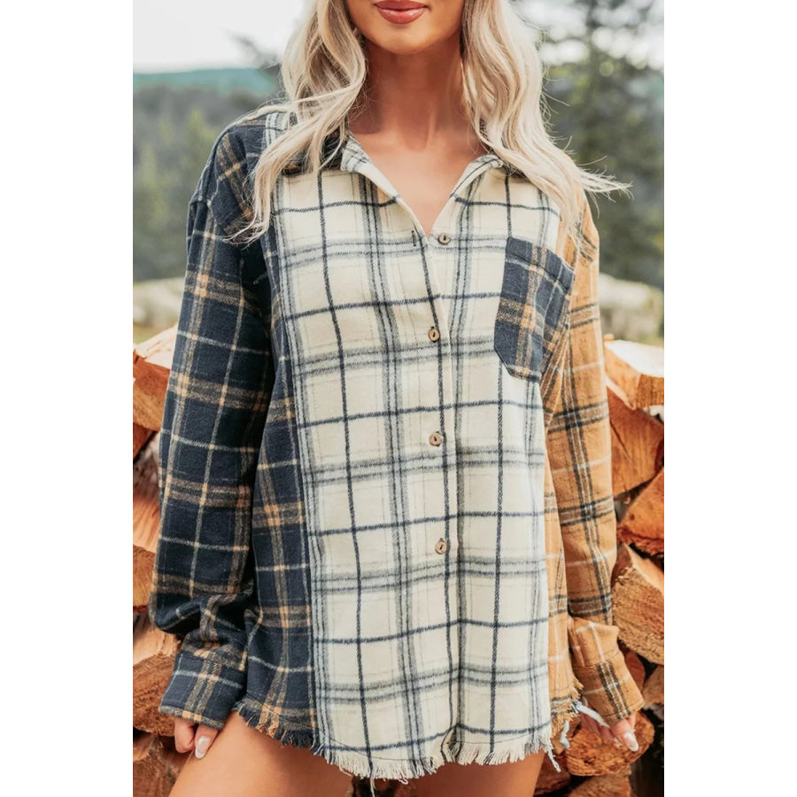 Multicolour Plaid Button-Up Long Sleeve Shift Silhouette Shacket Apparel and Accessories