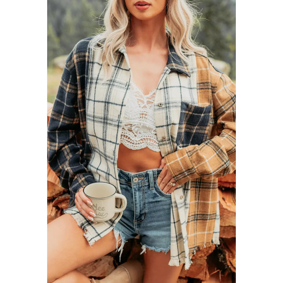 Multicolour Plaid Button-Up Long Sleeve Shift Silhouette Shacket Apparel and Accessories