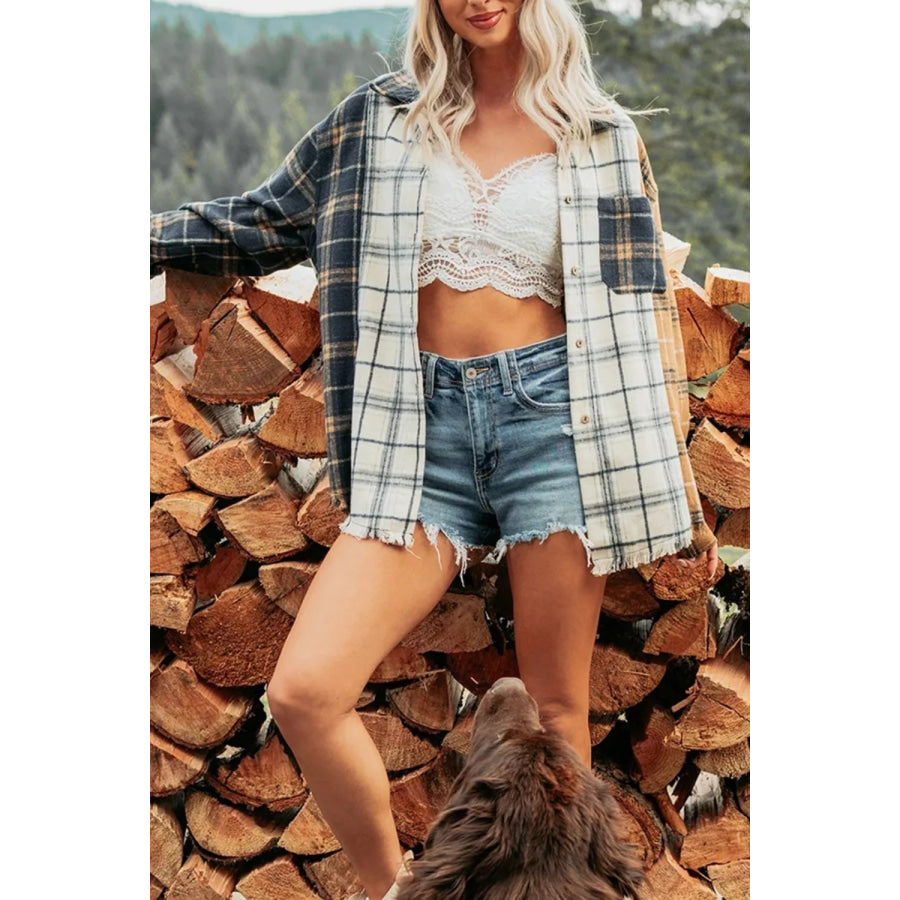 Multicolour Plaid Button-Up Long Sleeve Shift Silhouette Shacket Apparel and Accessories