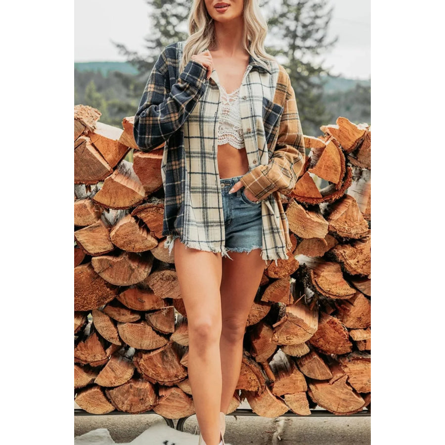 Multicolour Plaid Button-Up Long Sleeve Shift Silhouette Shacket Apparel and Accessories