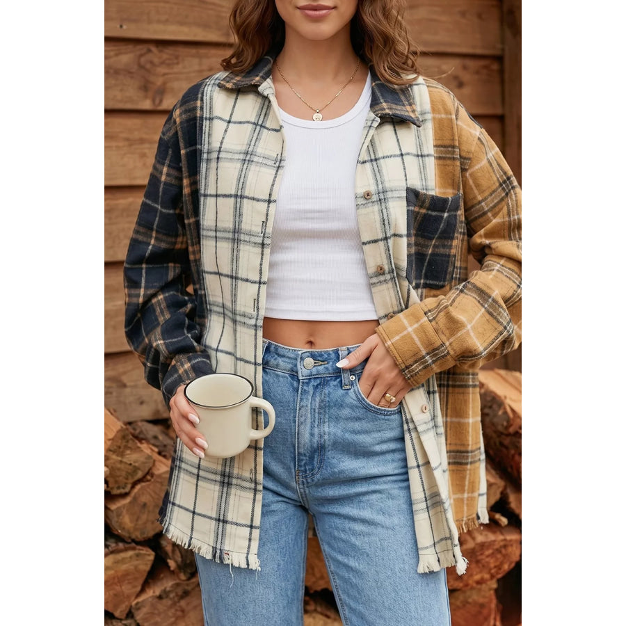 Multicolour Plaid Button-Up Long Sleeve Shift Silhouette Shacket Apparel and Accessories
